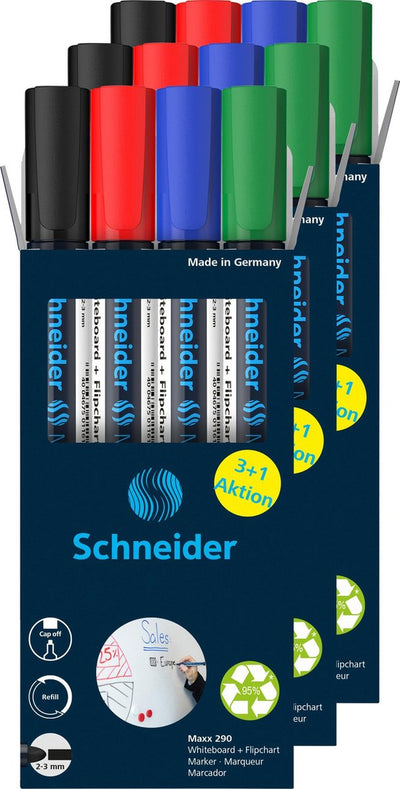 Schneider Schreibgeräte Schneider Whiteboard-Marker – Maxx 290 – runde Spitze – 3 Sets mit 4 Farben – für Whiteboard – S-399315