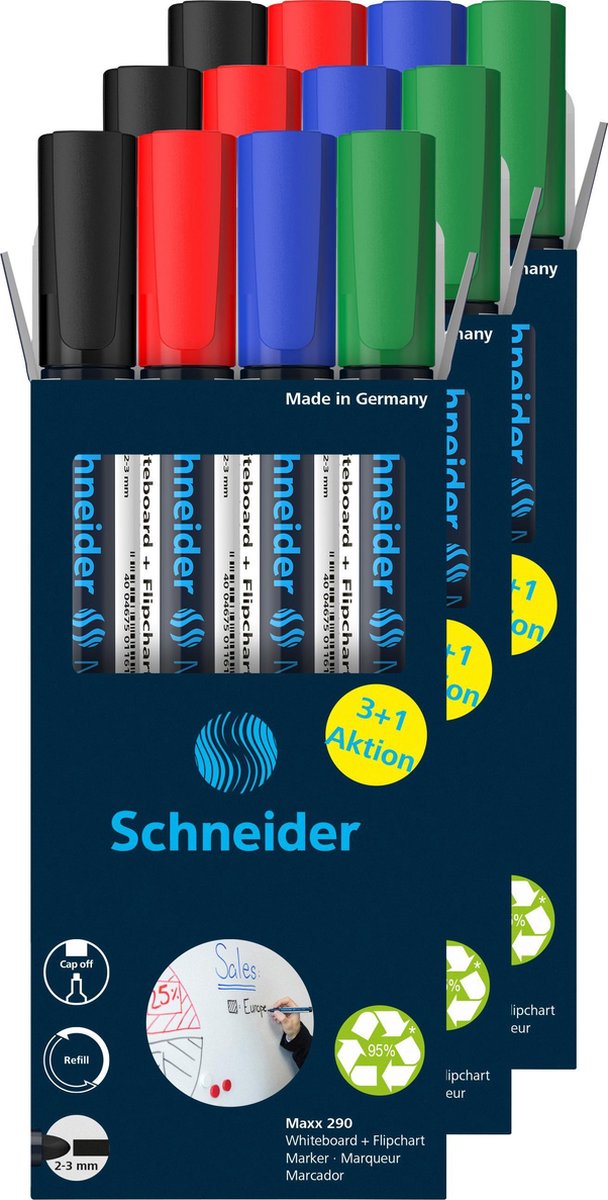 Schneider Schreibgeräte Schneider Whiteboard-Marker – Maxx 290 – runde Spitze – 3 Sets mit 4 Farben – für Whiteboard – S-399315
