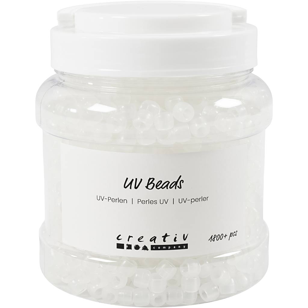 Creativ Company UV-Perlen, L: 6 mm, D 8 mm, Lochgröße 4 mm, ca. Über 1800 Stück, verschiedene Farben, 320 g, 700 ml, 1 Karton
