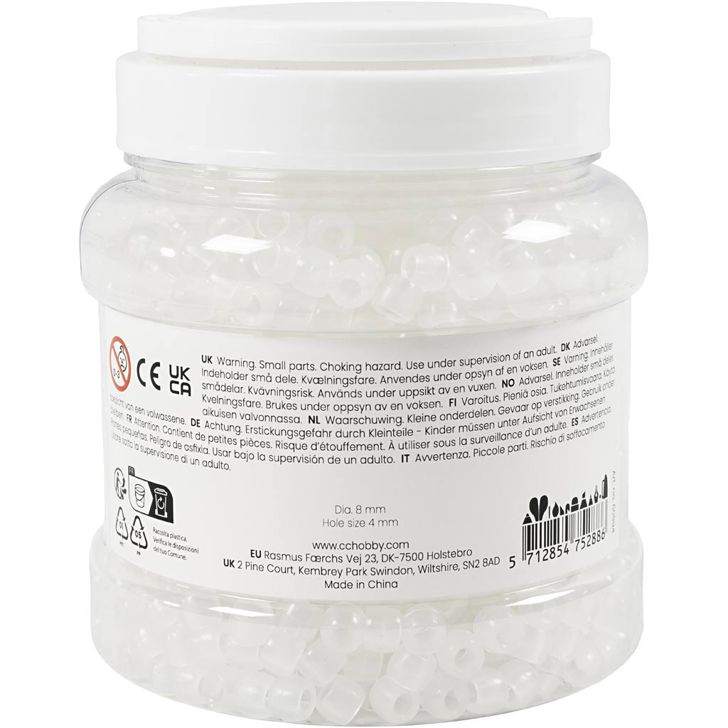 Creativ Company UV-Perlen, L: 6 mm, D 8 mm, Lochgröße 4 mm, ca. Über 1800 Stück, verschiedene Farben, 320 g, 700 ml, 1 Karton