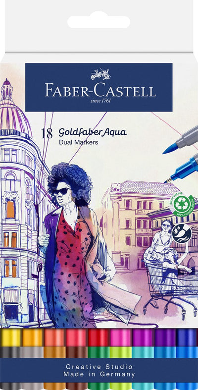Faber-Castell – Duo-Aquarellmarker Goldfaber – Etui 18 Stück – Pinsel 0,6 mm – FC-164618