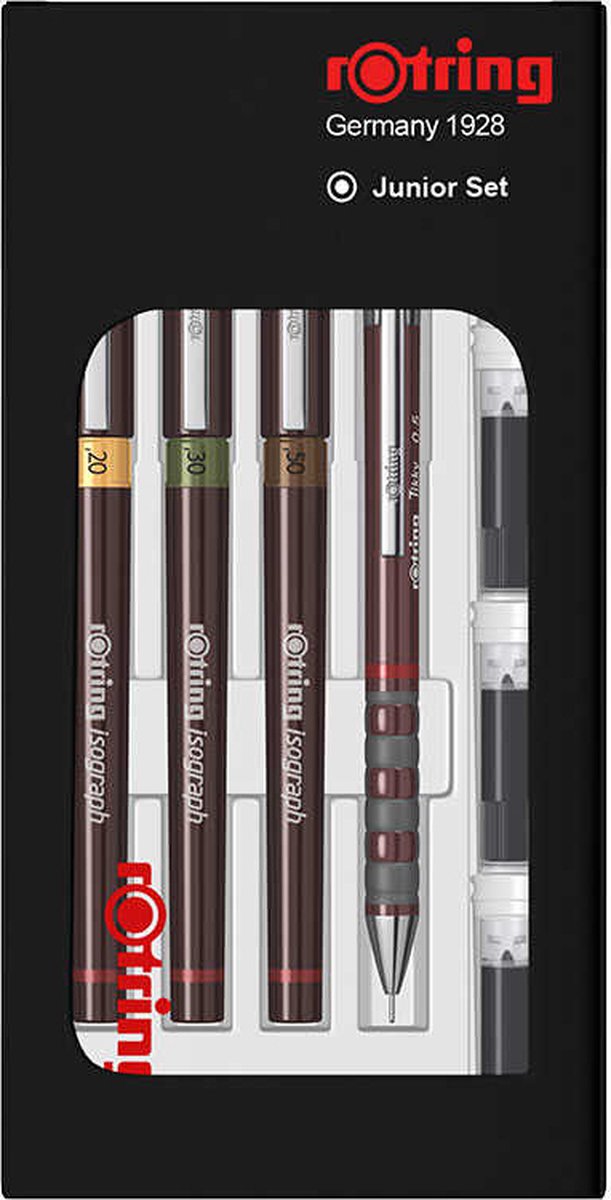 Rotring Isogrpah Junior-Stiftset – 3 Fineliner und Tikky-Druckbleistift – inkl. 4 Tintenpatronen