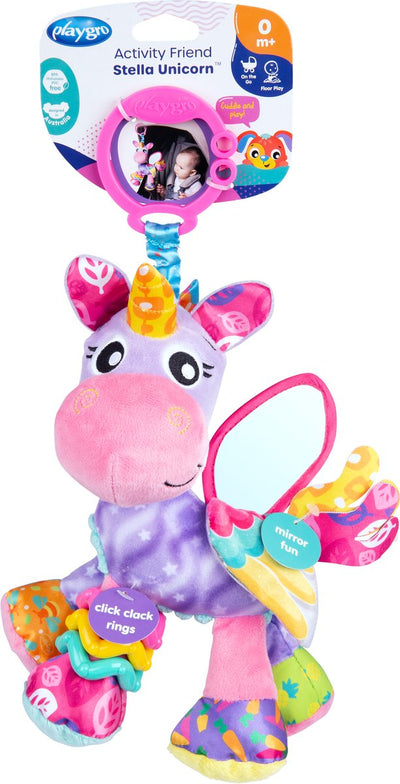 Playgro Aktivitätsfreundin Stella Einhorn – Babyspielzeug – Hängespielzeug – Kinderwagenspielzeug – Rassel – Kinderwagenzubehör – Buggy-Zubehör – Lernspielzeug – Stofftier