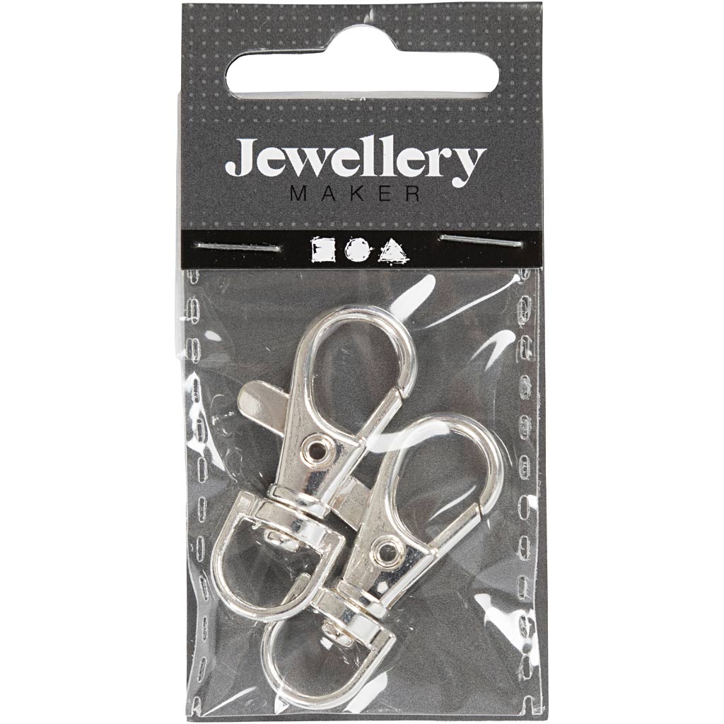 Creativ Company Karabinerverschluss, groß, H: 37 mm, B: 14 mm, T 37 mm, versilbert, 2 Stück 1 Box