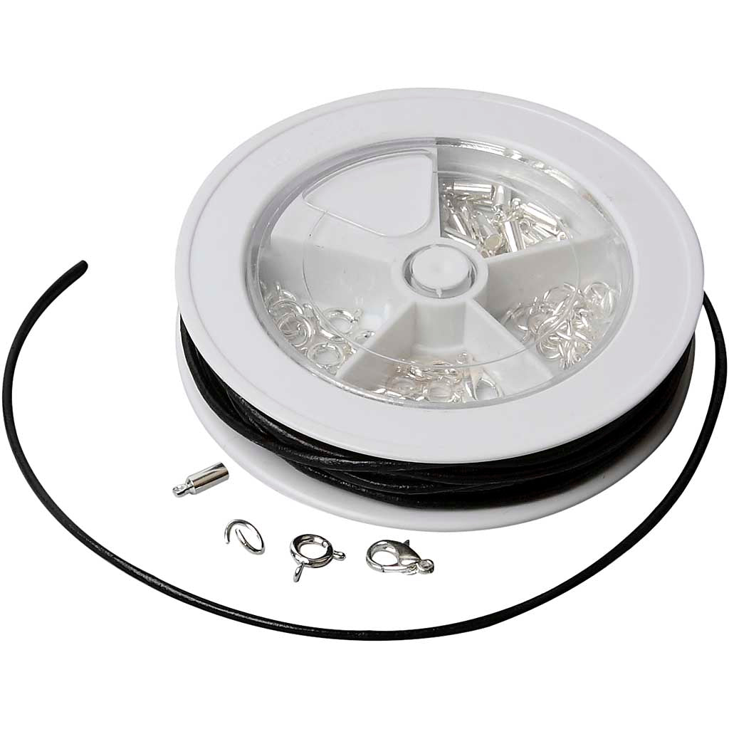 Creativ Company Schmuck-Starterset, Lederschnüre, schwarz, versilbert, 1 Set