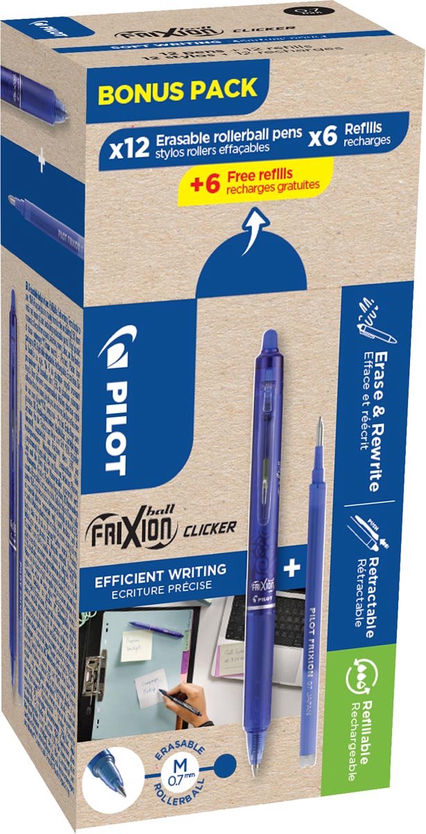 Pilot Frixion Ball Clicker | 12 Rollen und 6+6 Nachfüllungen 0 | 7mm | blau
