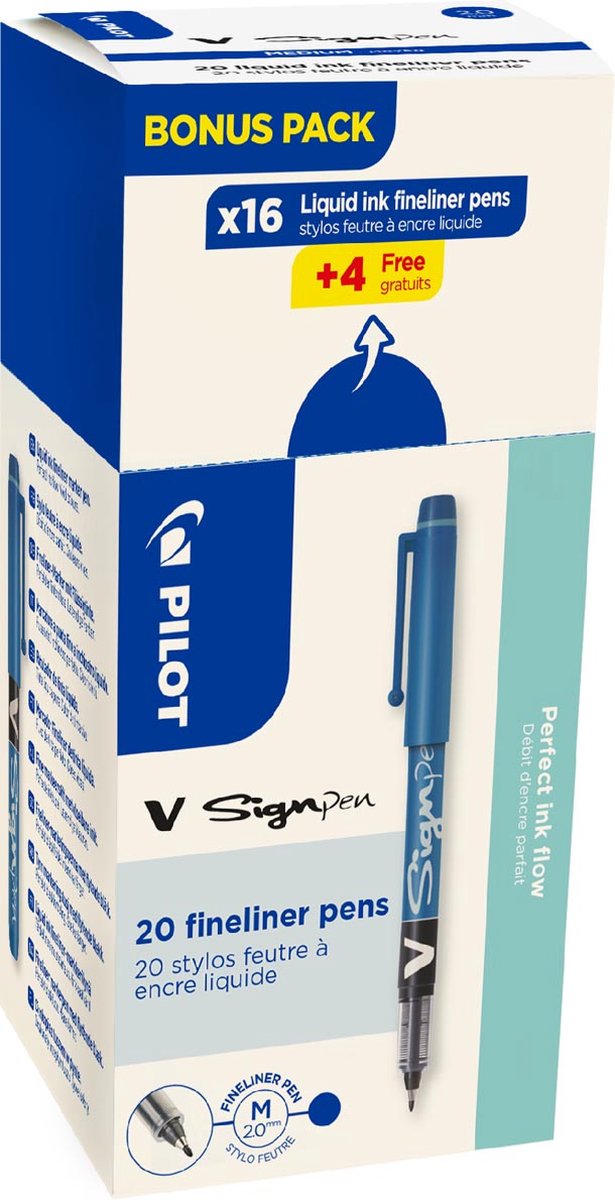 Pilot Fineliner V-Sign Stift, Box mit 16 + 4 Stück, blau