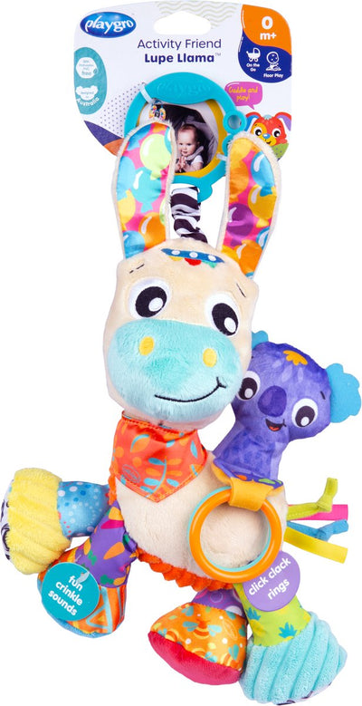 Playgro Aktivitätsfreund Lupe Lama – Hängespielzeug – Babyspielzeug – Kinderwagenspielzeug – Rassel – Kinderwagenzubehör – Buggy-Zubehör – Lernspielzeug – Stofftier