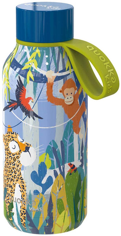 Quokka, Isolierflasche 330 ml, solides Kindermodell mit Riemen und Dschungelmotiv, mehrfarbig