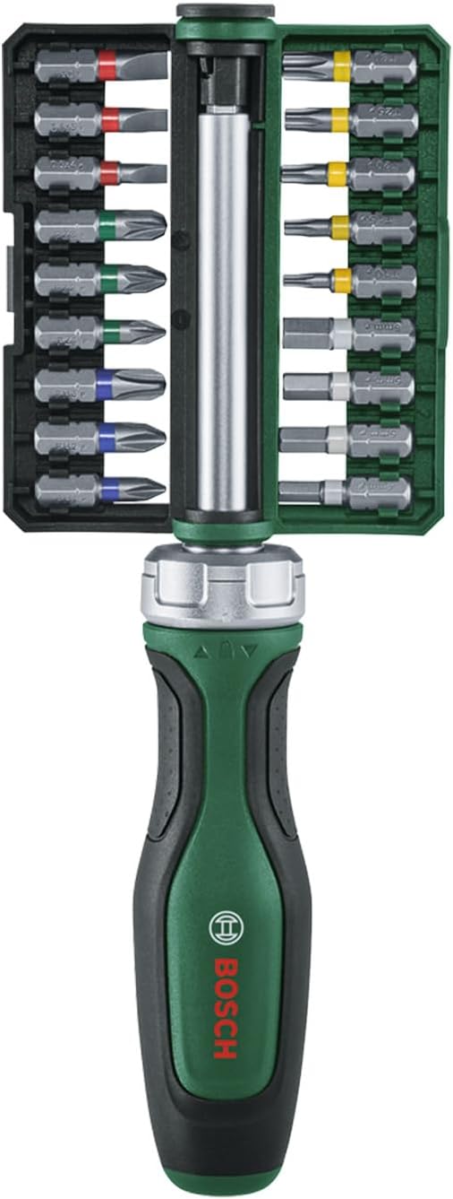 Bosch grüner Ratschenschraubendreher 18 Bits (Ratschen-Bit-Schraubendreher, 18x Bit (ph1, ph2, ph3, pz1, pz2, pz3, sl4, sl5, sl6, tx10, tx15, tx20, tx25, tx30, hex3, hex4, hex5, hex6)) - 1600a02z9a