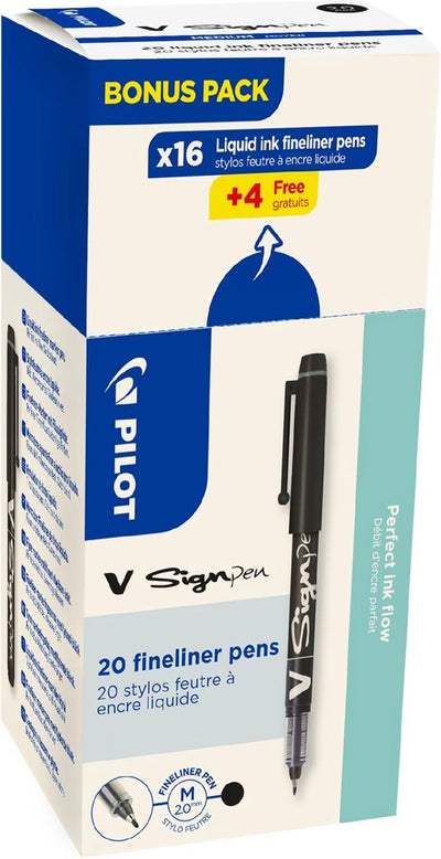 Pilot Fineliner V-Sign Stift, Box mit 16 + 4 Stück, schwarz
