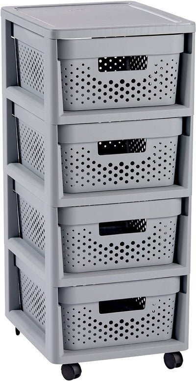 Curver Infinity Dots Schubladensystem – 4 Schubladen à 11 l – mit Rollen – 36 x 30 x 66 cm – grau