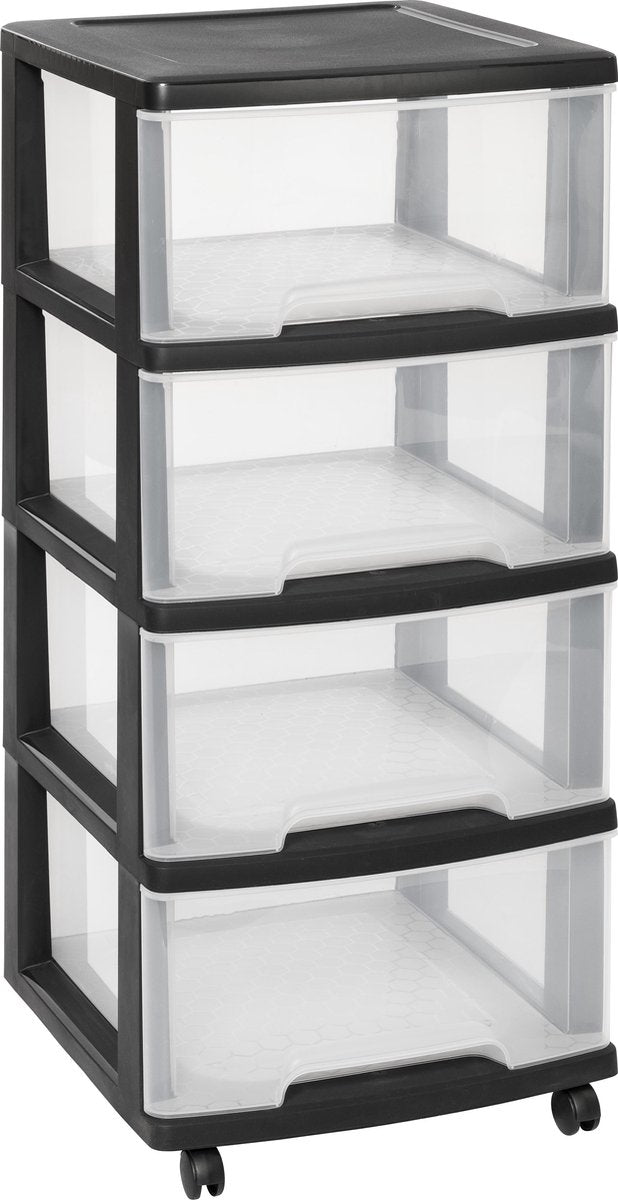 Curver Essentials Schubladensystem – 4x20 Liter – Schwarz – mit Rollen
