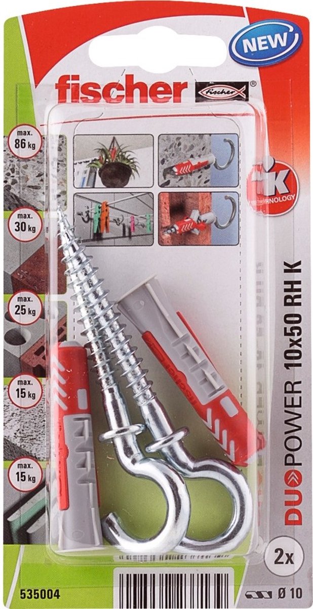 Fischer Duopower-Serie - Universalstecker mit Rundhaken - 10x50mm - 2er-Set - grau rot