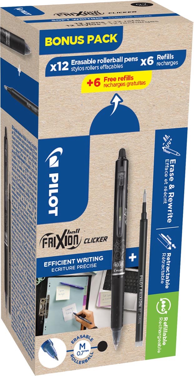 Pilot Frixion Ball Clicker | 12 Rollen und 6+6 Nachfüllungen 0 | 7mm | schwarz
