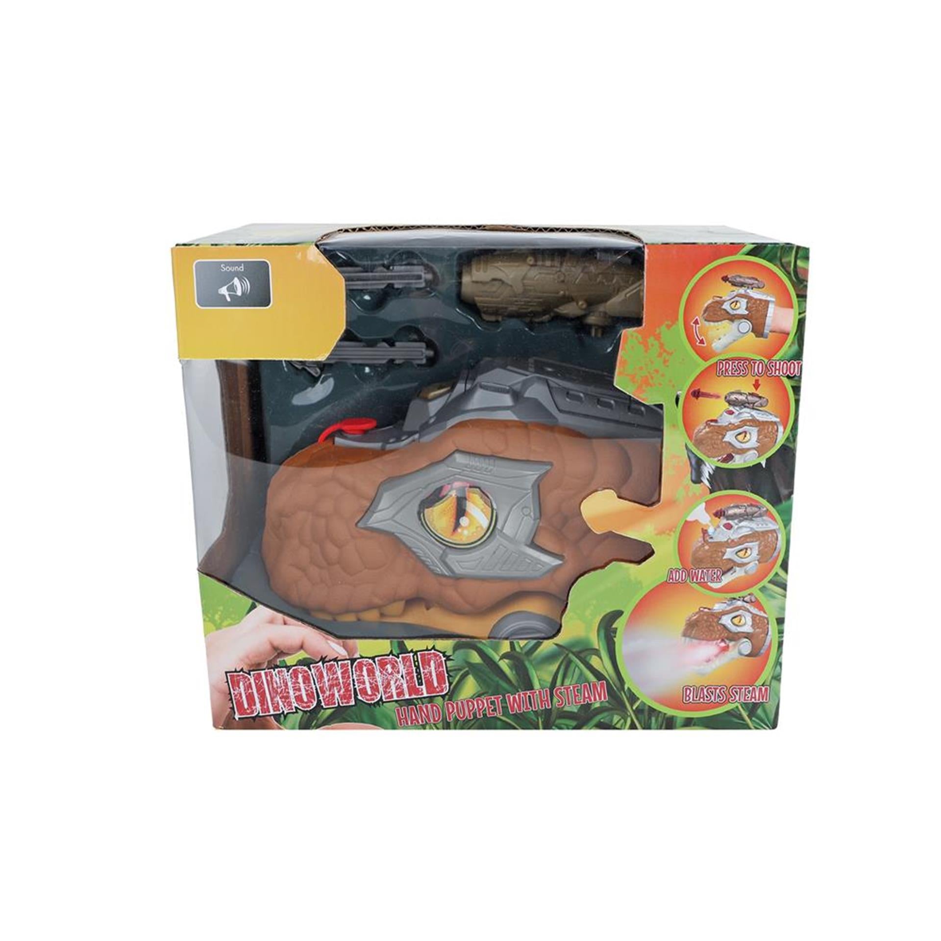 Dinoworld Dinosaurus Handpuppe mit Dampflicht und Klang, 17 cm