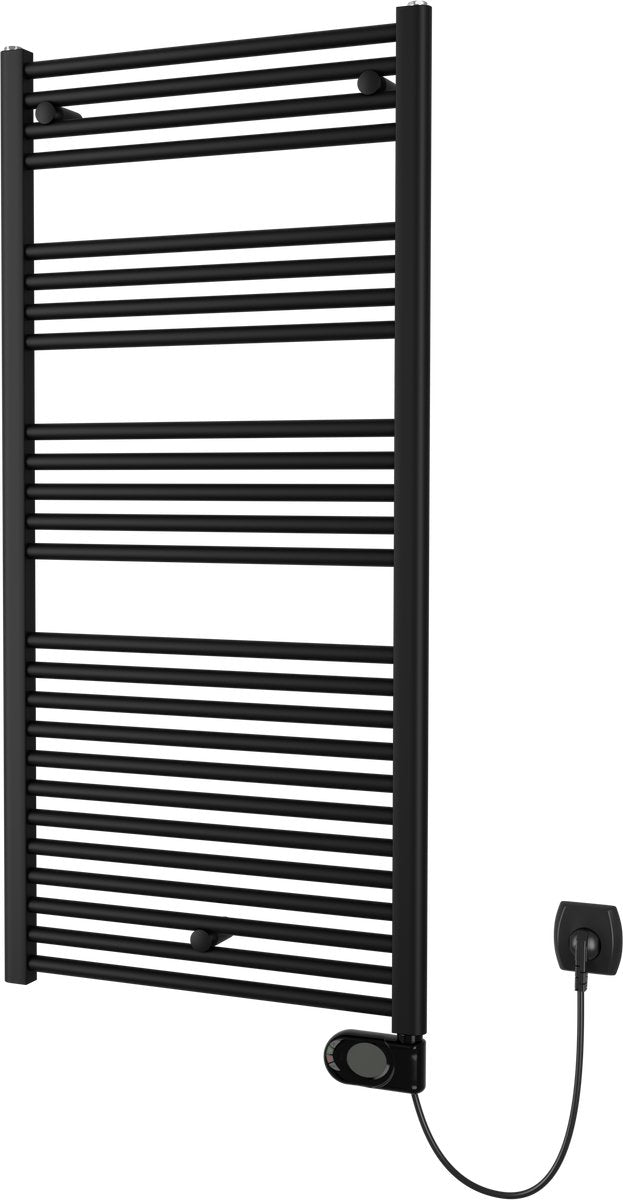 Plieger Elba Elektro-Handtuchheizkörper – Handtuchwärmer – mit Uhrenthermostat – 126,2 cm x 60 cm – 700 Watt – mattschwarz