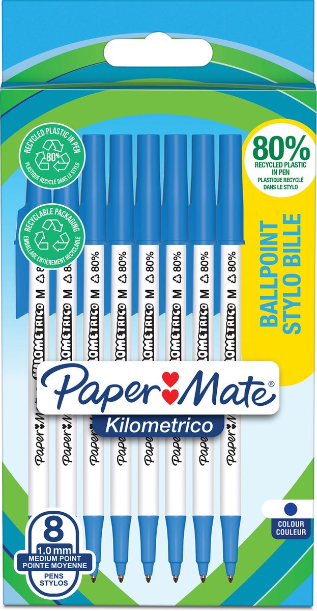 Paper Mate Kilometrico Kugelschreiber | lange Schreibzeit mit mittlerer Spitze (1,0 mm) | blaue Tinte | 80 % recycelter Kunststoff | 8 Stück