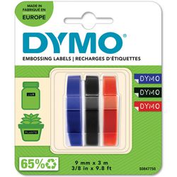 Dymo Original geprägtes Klebeband | 9mm x 3m | Weiß auf Blau, Weiß auf Rot, Weiß auf Schwarz | selbstklebend | für geprägte Bandetikettenhersteller | 3 Stück | Hergestellt in Europa