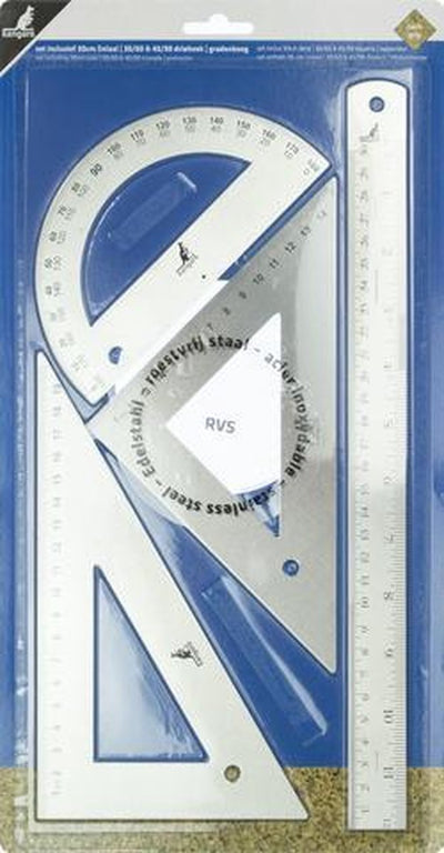 Kangaro-Linealset – Edelstahl – 4-teilig – 30 cm Lineal + 30 60 Dreieck + 45 90 Dreieck + Winkelmesser – k-760000