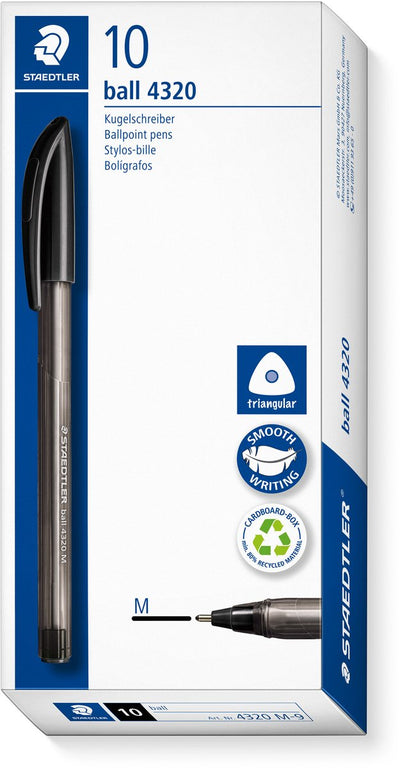 Staedtler Ball 4320 – dreieckiger Kugelschreiber – Schwarz – Medium – Schachtel mit 10 Stück