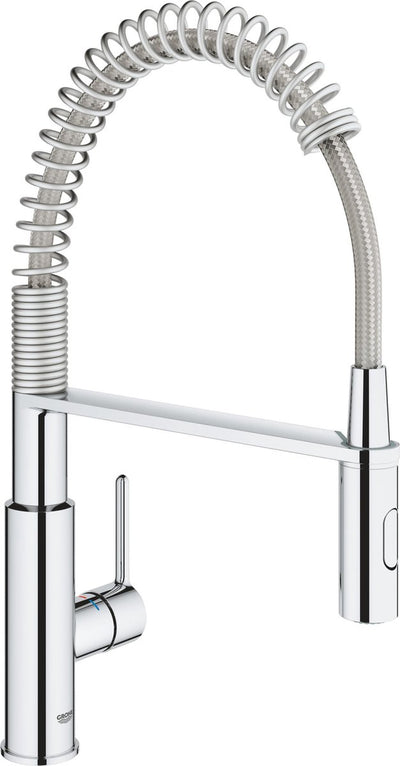 Grohe Get Küchenarmatur – hoher Auslauf – 360° Schwenkbereich – mit ausziehbarer Handbrause und 2 Strahlarten – Chrom