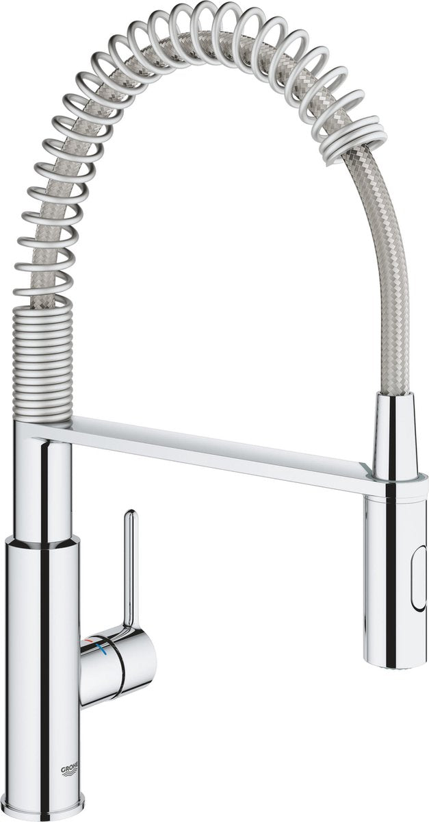 Grohe Get Küchenarmatur – hoher Auslauf – 360° Schwenkbereich – mit ausziehbarer Handbrause und 2 Strahlarten – Chrom