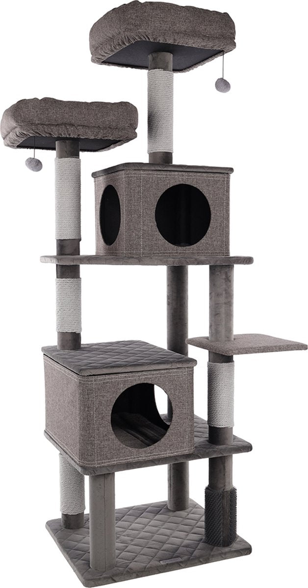 Flamingo-Kratzbaum – Auroragrau – 80 x 70 x 171 cm – luxuriöser Kratzbaum mit Unterstand, Korbspielzeug – Katzenmöbel mit Kratzseil-Massagebürste – für alle Katzenrassen