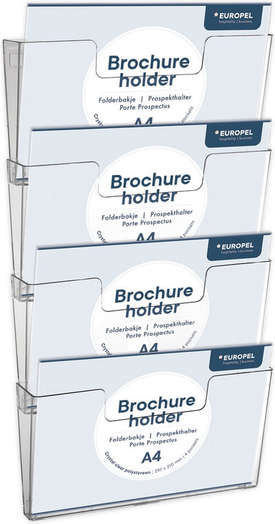 Europel Prospektablagen mehrfach - Flyer, Mappen, Visitenkarten - 4x A4 quer - 29,7 x 21 cm - Kristallklare Präsentation - Messen und Büros - 4 Einzelteile zur Wandmontage und selbst zusammenstellbar