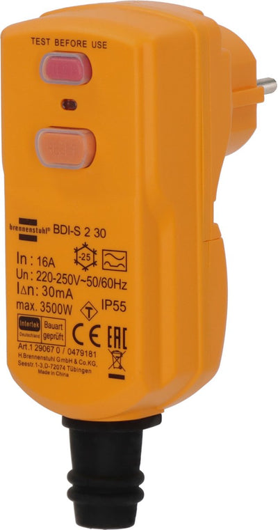 Brennerstuhl Schutzkontaktstecker BDI-S 2 30 IP55 (Schutzkontaktstecker mit Fehlerstromschutzschalter für den Außenbereich, zweipolige Trennung)