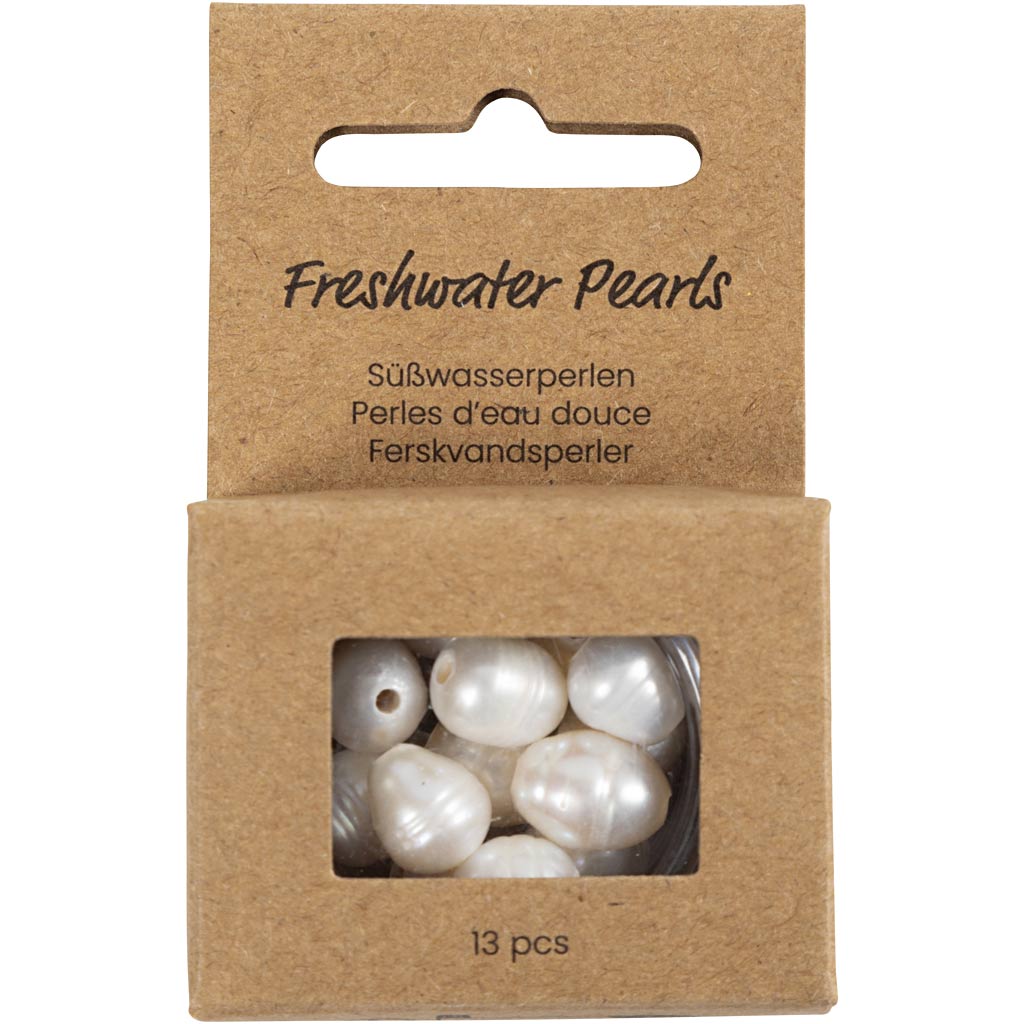 Creativ Company Süßwasserperlen, längs perforiert, D 9-11 mm, Lochgröße 2 mm, Perlmutt, 13 Stück 1 Box