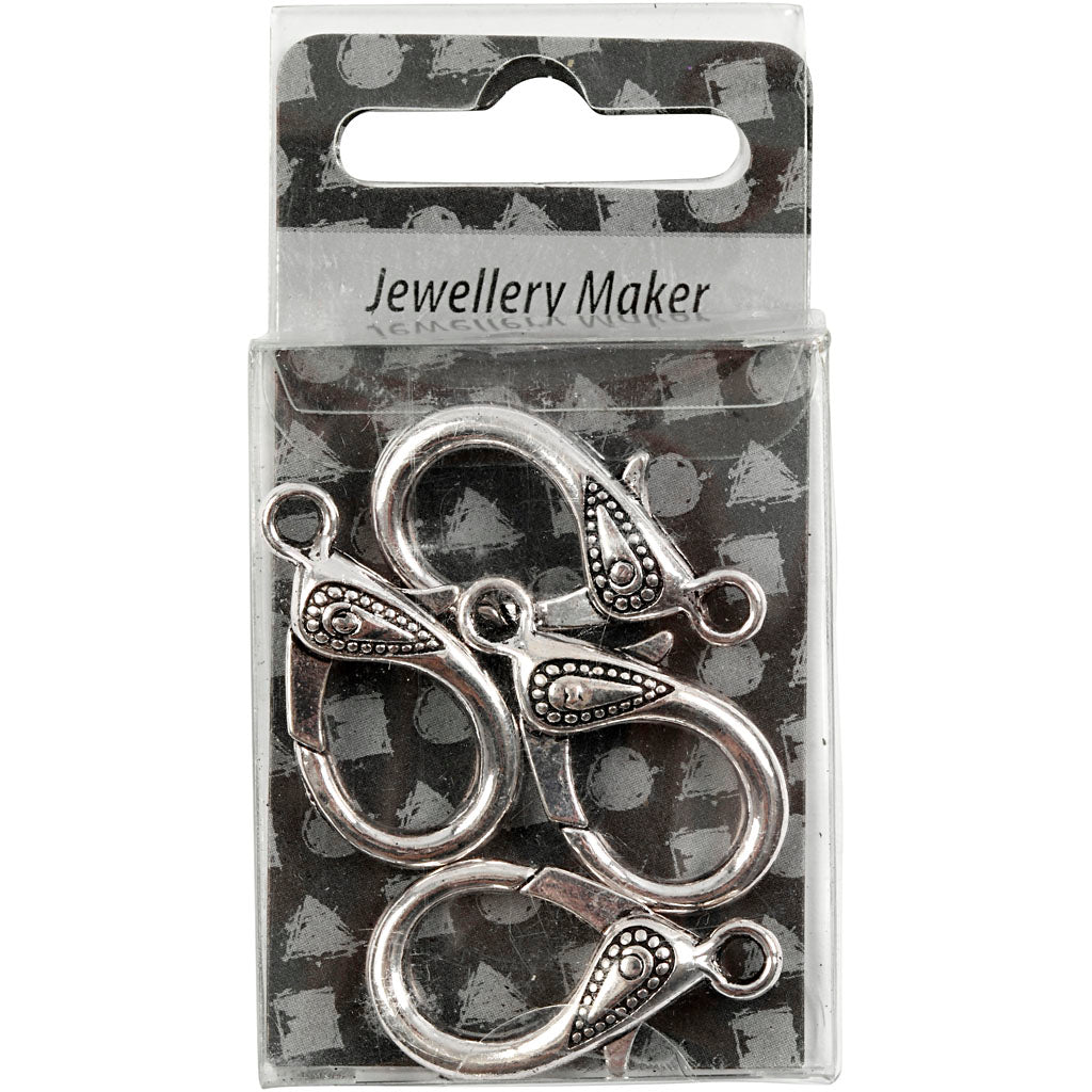 Creativ Company Karabinerverschluss, L: 30 mm, Lochgröße 3 mm, Antiksilber, 4 Stück 1 Box