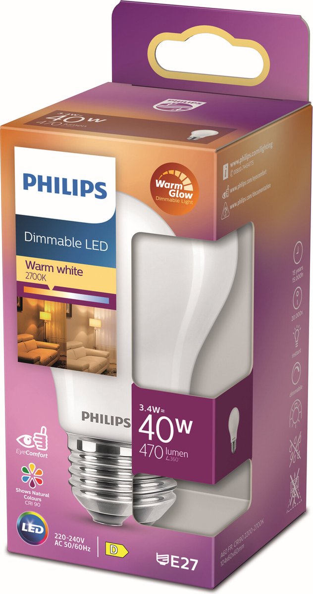 Philips LED-Lampe matt – 40 W – E27 – dimmbares warmweißes Licht