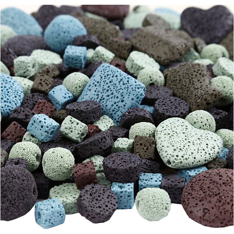 Kreativfirma Lava Perlen, dumm 6-37 mm, Lochgröße 1+2 mm, der Gehalt kann variieren, ca. 890 Stück, verschiedene Farben, 20 Striche 1 Box