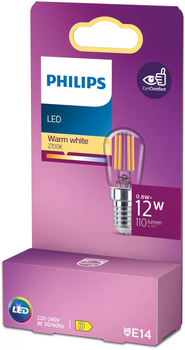 Philips LED-Lampe – T25-Lampenform – Kühlschranklampe mit E14-Fassung – warmweißes Licht: 2700 K – 12 W – klares Glas