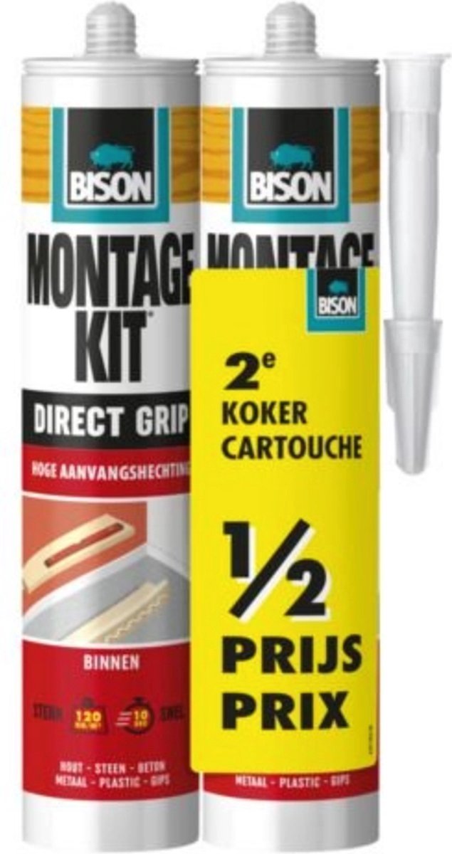 Bison Montageset Direct Grip Tube 2x 370 g, Duo-Verpackung, 2. Tube zum halben Preis, extra stark, hohe Anfangshaftung, Montagekleber, Montage, hohe Endfestigkeit, innen und außen, einfache Handhabung