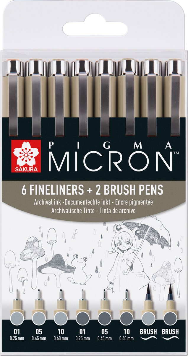 Sakura Pigma Micron Fineliner Set 8 Stift. (hell) Kühlung grau
