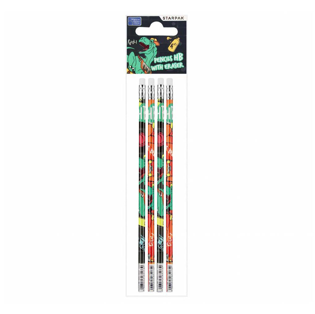 HB Bleistift mit Radiergummi Skate Dino, 4 Stk.