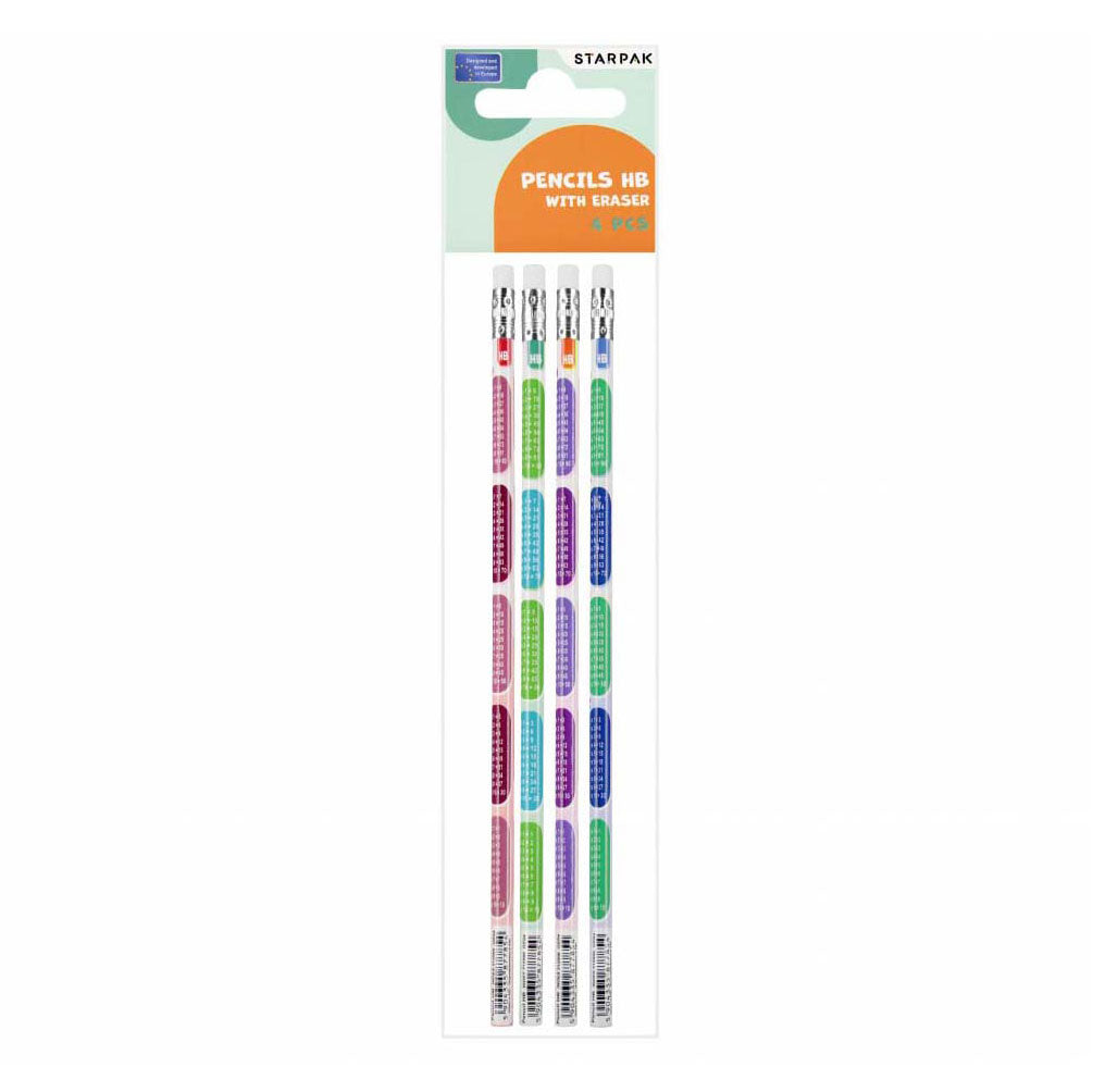 HB-Bleistift mit Radiergummi, Multiplikationstabelle, 4 Stück.