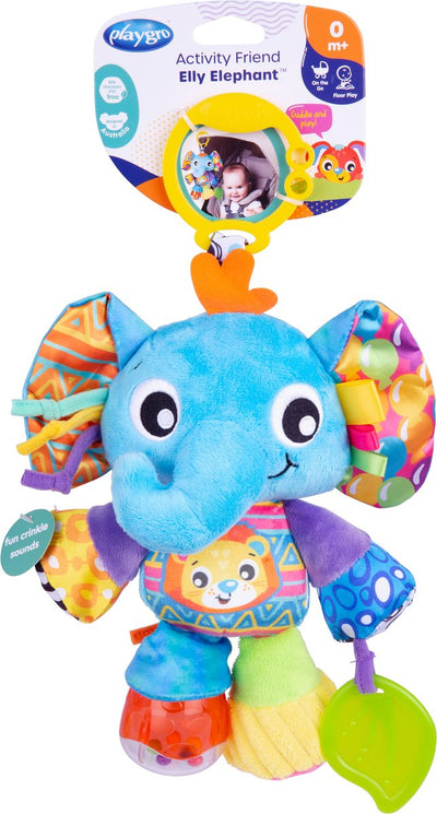 Playgro – Aktivitätsfreund Elly Elefant – Babyspielzeug – Hängespielzeug – Kinderwagenspielzeug – Rassel – Kinderwagenzubehör – Buggy-Zubehör – Lernspielzeug – Stofftier