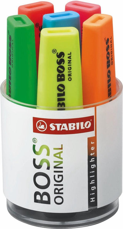 Original-Marker von Stabilo Boss passen in die Box – 6 Stück.
