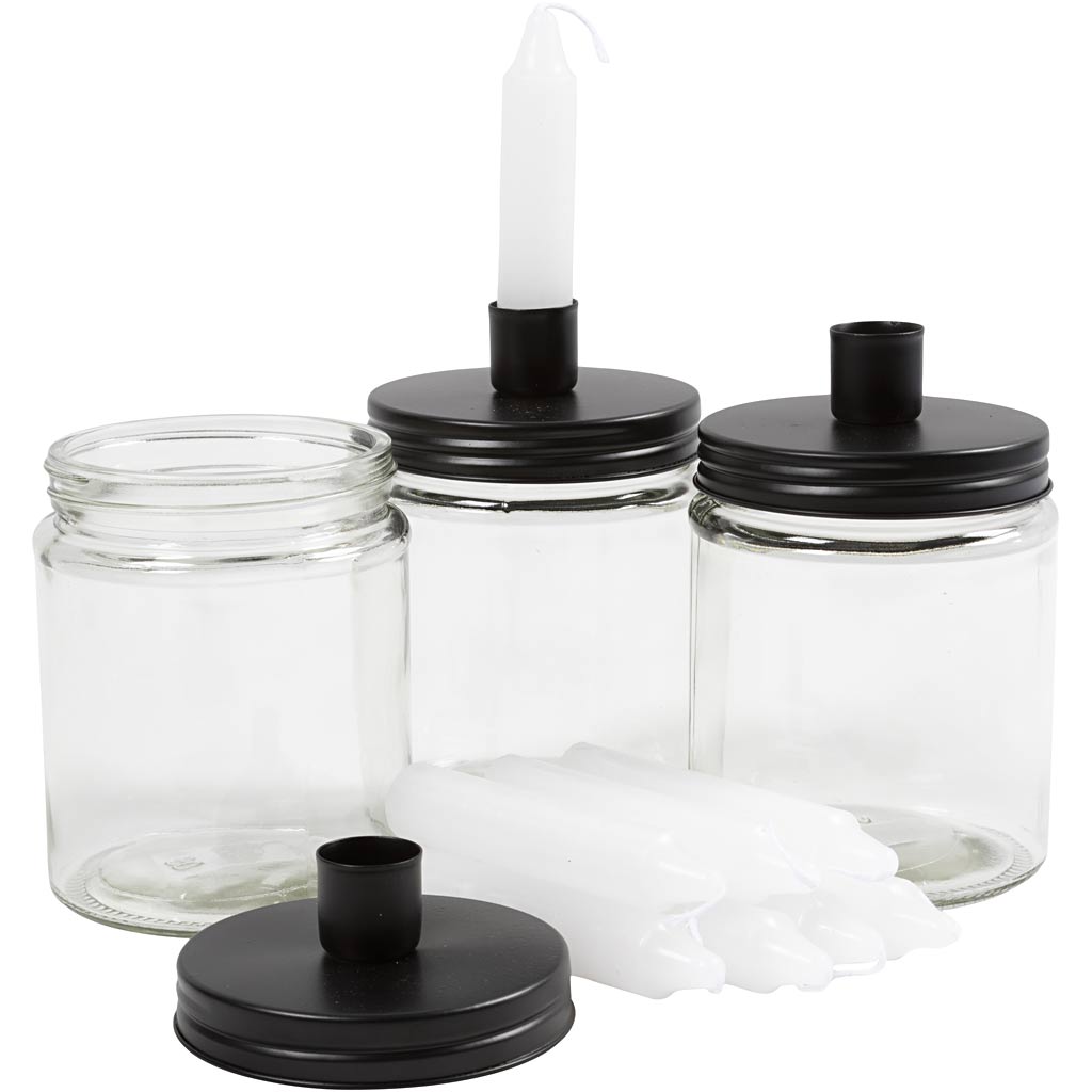 Jar mit Kerzen und Kerzen, H: 15 cm, D 9,5 cm, Dim 15 cm, 6 Set 1 Box