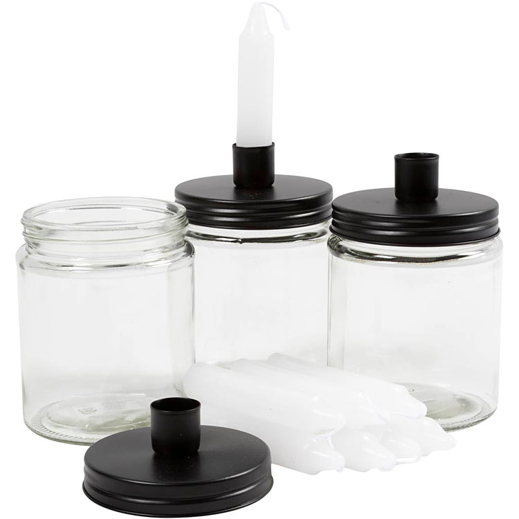 Jar mit Kerzen und Kerzen, H: 15 cm, D 9,5 cm, Dim 15 cm, 6 Set 1 Box