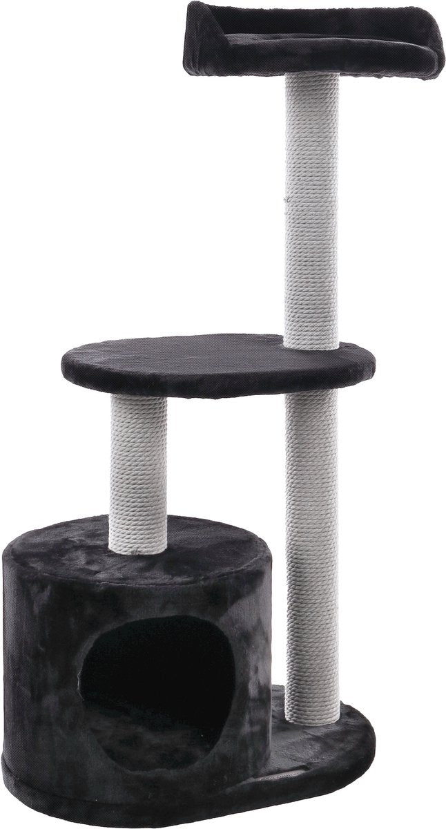 Flamingo-Kratzbaum – Echo – Schwarzgrau – 48 x 34 x 99 cm – Kratzmöbel mit Liegeplattformen und Unterschlupf – Sisalseil – weicher Plüsch – für Katzen, Kätzchen