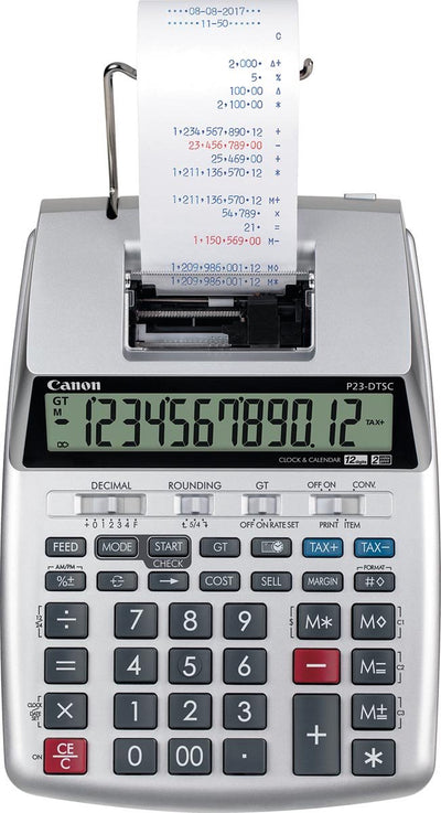 Canon P-23 DTSC II – Tischrechner mit Drucker – 12-stelliges Display – Dual-Stromversorgung – Silber
