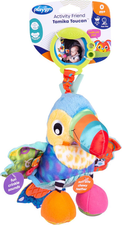 Playgro Aktivitätsfreund Tamika Tukan – Babyspielzeug – Hängespielzeug – Kinderwagenspielzeug – Rassel – Kinderwagenzubehör – Buggy-Zubehör – Lernspielzeug – Stofftier