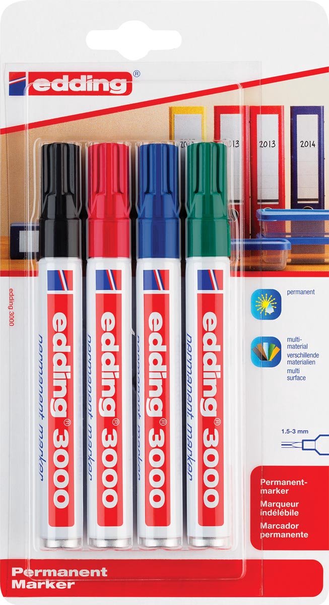 Edding 3000 Permanentmarker – Schwarz, Rot, Blau, Grün – 4 Marker – Rundspitze 1,5–3 mm – wasser- und abriebfest – für Pappe, Kunststoff, Holz, Metall usw. – Alkoholmarker für Erwachsene