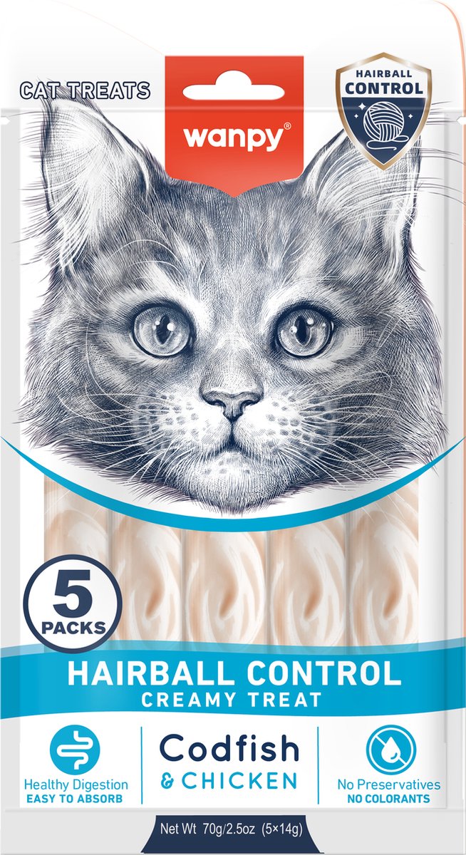 Wanpy – Lecker-Snack mit Funktion – Kabeljau-Hähnchen – Haarballenbekämpfung – 5 x 5 Sticks à 14 Gramm