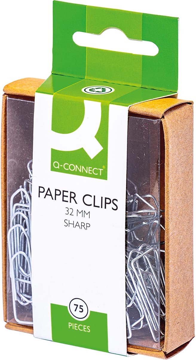 Q-Connect-Büroklammern, 32 mm, Karton mit 75 Stück, 10 Stück können aufgehängt werden