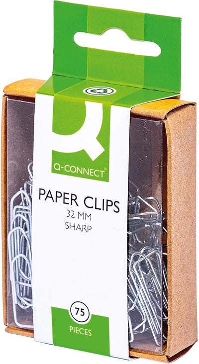 Q-Connect-Büroklammern, 32 mm, Karton mit 75 Stück, 10 Stück können aufgehängt werden